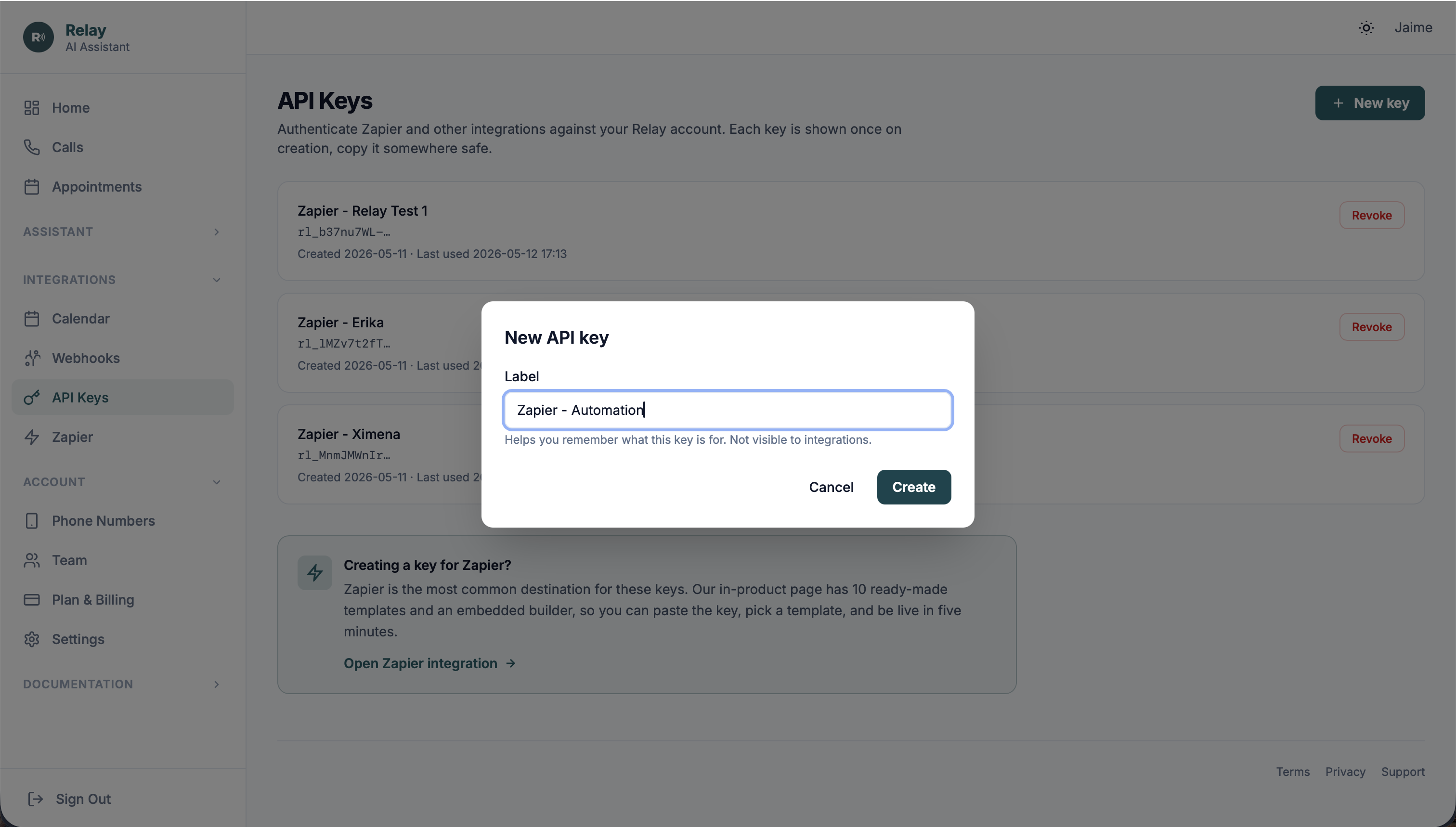 The Relay dashboard's New API key modal with a label field, Create button