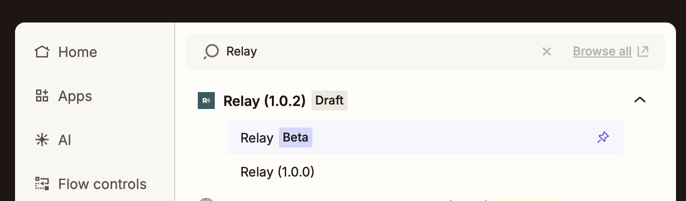 Zapier's app search panel showing the Relay app result with its current version