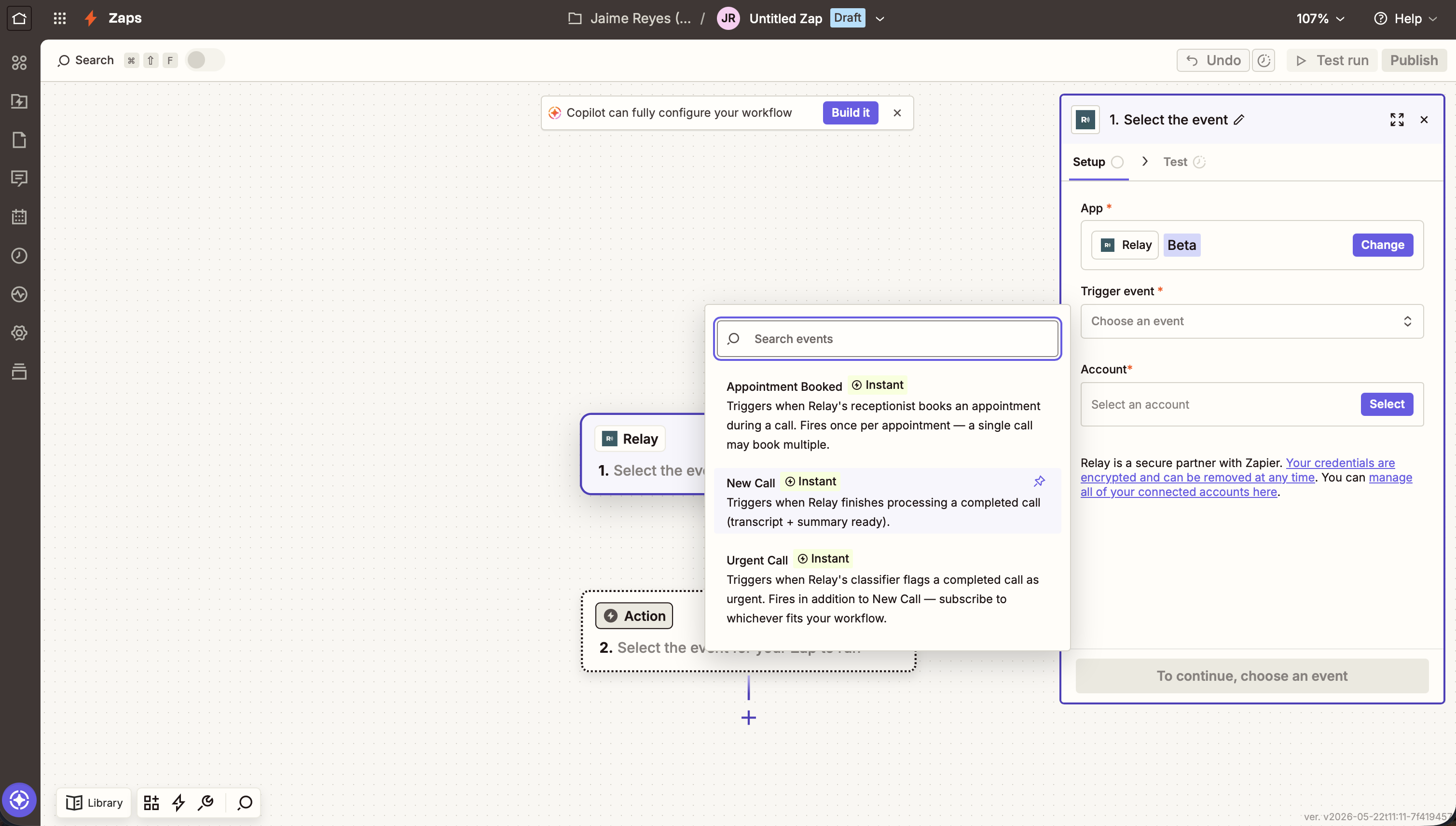 The Zapier Zap editor showing the trigger picker with New Call, Urgent Call, and Appointment Booked options